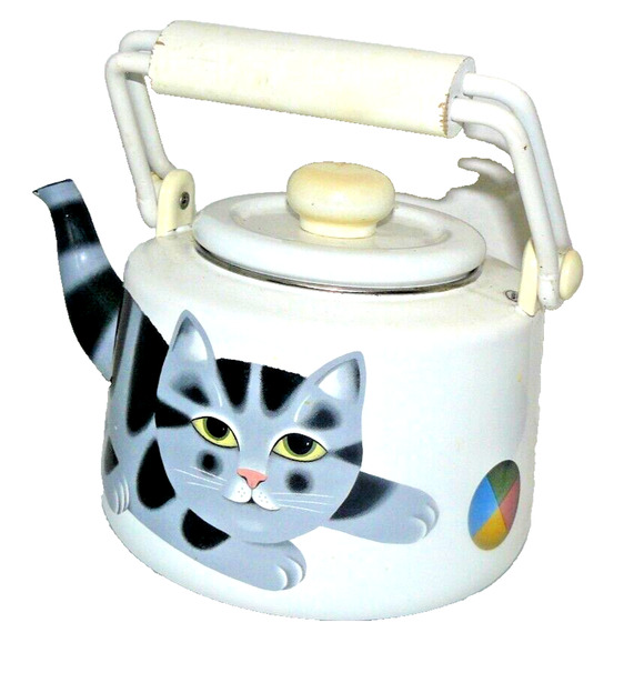 Martin Leman Other - Vintage Signed Martin Leman White Enamel Teapot Tea Kettle Kitty Cat & Ball
